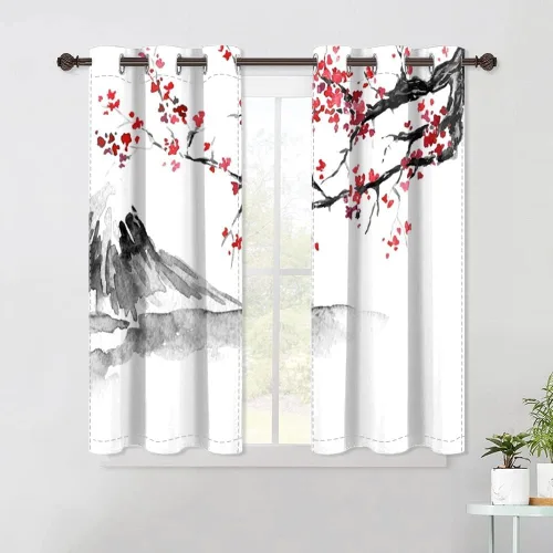 Vista 68 de Cortinas japonesas con pintura de tinta, monte Fuji, sol rojo, puesta de sol, hojas de bambú, cortinas de ventana para dormitorio, sala de estar