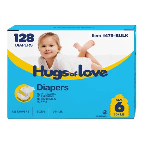 Vista 11 de Dynarex Hugs-of-Love Pañales talla 2 (12-18 lb) Pañales para bebé, alta absorción, protección contra fugas, comodidad suave, 152 pañales por caja