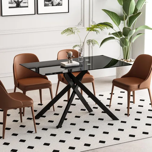 Vista 6 de Mesa de comedor de vidrio negro de 51.2 pulgadas para 4, mesa rectangular de comedor de cocina para 4, mesa rectangular de vidrio templado de 0.32