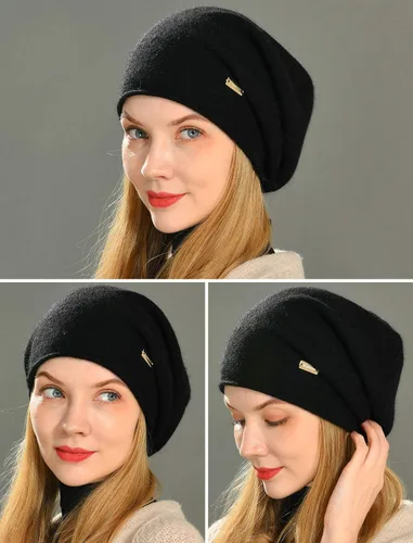Vista 6 de jaxmonoy Gorro de punto holgado de cachemira para mujer para invierno suave cálido lana de punto de calavera