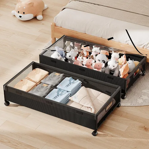 Vista 13 de Almacenamiento debajo de la cama con ruedas, 2 paquetes de contenedores de almacenamiento de madera extra grandes debajo de la cama, organizador