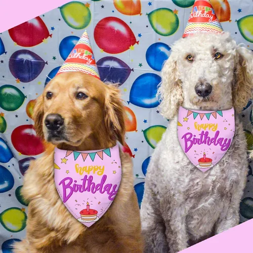 Vista 5 de Pañuelo de feliz cumpleaños para perro, bufanda lavable para mascotas, pañuelo triangular ajustable, impresión de doble cara, rosa, globo de pastel