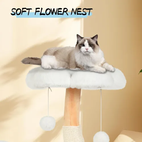 Vista 4 de Bonita torre de árbol para gatos de interior y adultos, árboles de madera con 6 pompones, moderna torre de árbol para gatos con poste rascador