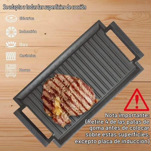 Vista 5 de Sartén para plancha, placa caliente de hierro fundido, parrilla rectangular, 2 asas con superficie acanalada para cocina eléctrica de inducción, 16