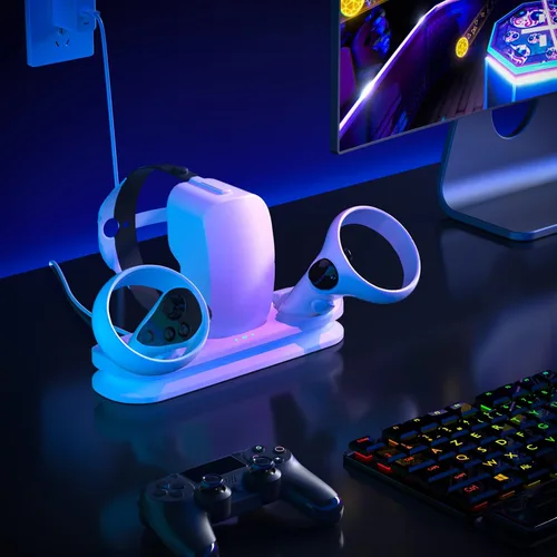 Vista 5 de Base de carga VR para Oculus Quest 2Meta Quest 2 soporte de carga de auriculares VR compatible con Quest 2 estación de carga de montaje en pared