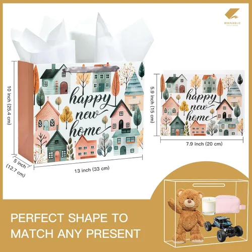 Vista 2 de WRAPAHOLIC Bolsa de regalo de 13 pulgadas con tarjeta y papel de seda, bolsas de papel de diseño Greeny House para inauguración de la casa, regalo