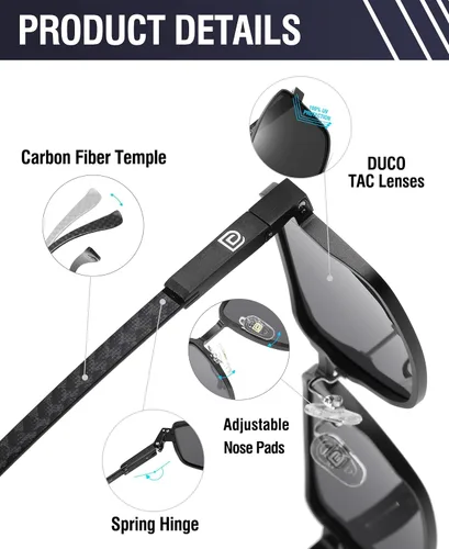 Vista 4 de DUCO Gafas de sol polarizadas rectangulares retro para hombres, tonos de fibra de carbono de moda