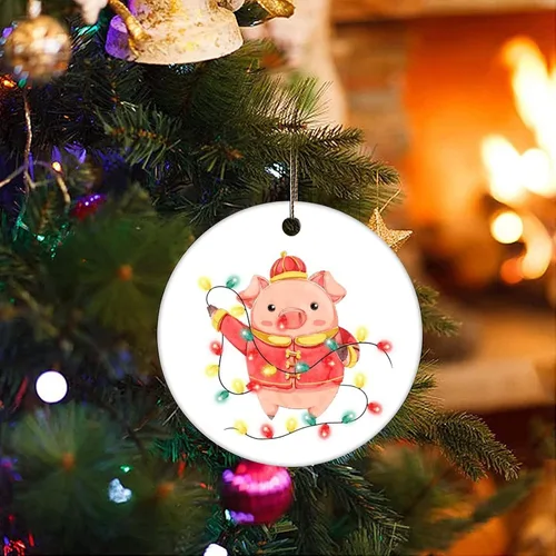 Vista 3 de Cheyan Adorno de Navidad de cerdo de animales y luces, adorno de árbol de Navidad para decoración del hogar, adorno de porcelana colgante de Navidad
