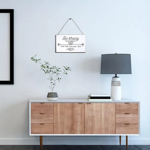 Vista 7 de Letrero con versículo bíblico para decoración de pared con versículo bíblico con texto en inglés "Be Strong and Courageous", de madera, 9.5 x 5.5