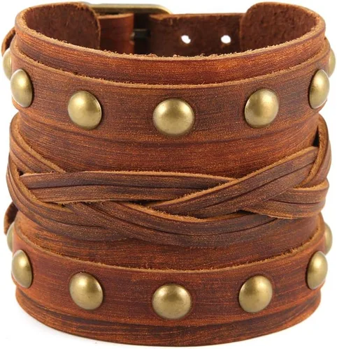 Vista 7 de STWTR Pulsera de cuero para hombre estilo punk rock, brazalete ancho tipo cinturón de motocicleta