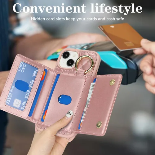 Vista 3 de Funda para iPhone 14 con tarjetero y correa para mujer, cordón cruzado, espejo de maquillaje, soporte de anillo, cierre a presión, bonitas fundas