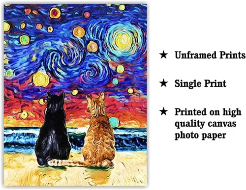 Vista 2 de Bestbuddy Pet 8 x 10 sin marco noche estrellada inspirada gato pareja animales amante familia paz amor pintura al óleo impresión arte impresión