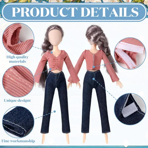 Vista 6 de 8 piezas de ropa de muñeca de verano para muñecas de 11.8 pulgadas, accesorios de muñeca, suéteres, pantalones de mezclilla, ropa regular