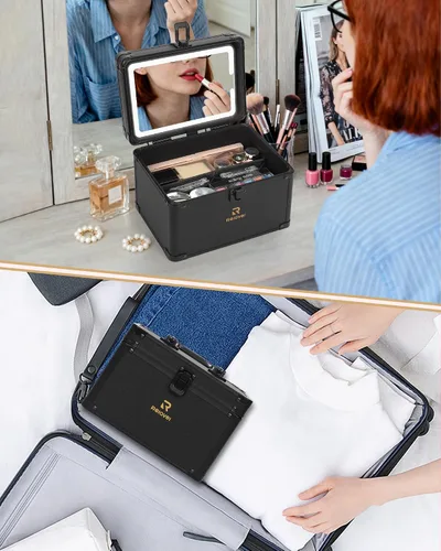 Vista 7 de Relavel Estuche de maquillaje con espejo LED, 01-Negro, Bolsa de maquillaje de viaje con espejo LED para niñas Compact Cosmetic Makeup Organizer