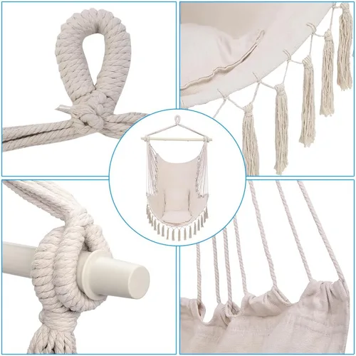 Vista 8 de Silla colgante hamaca – Asiento columpio de cuerda de algodón – máximo 250 libras – 2 cojines incluidos – para interior y exterior, dormitorio, Beige