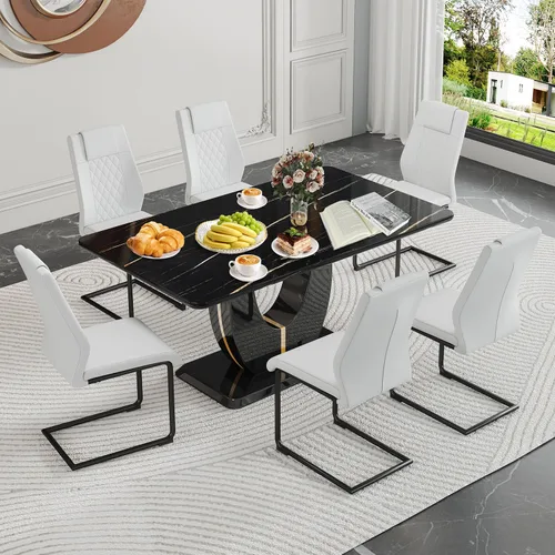 Vista 20 de JUFU Moderno juego de mesa de cocina y comedor, mesa rectangular con parte superior de mármol sintético, 63 pulgadas, color negro, 4 sillas