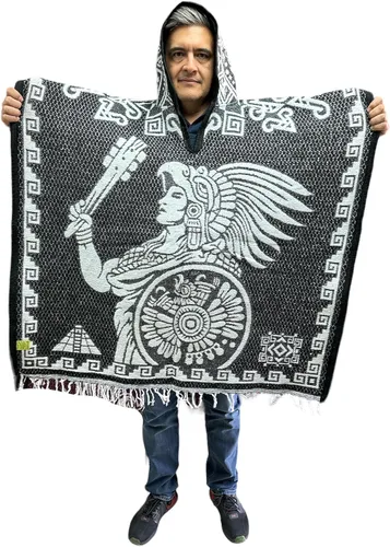 Vista 2 de CAPUCHA ADULTO AZTECA PONCHO, CALENDARIO AZTECA, GABAN, HECHO EN MÉXICO Negro, Negro