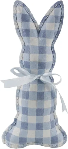 Vista 2 de Polyresin 436603 - Figura decorativa de conejo de Pascua a cuadros azules y blancos con cinta, decoración de primavera