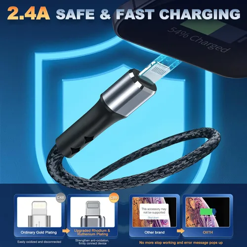 Vista 3 de Paquete de 2 cargadores de iPhone de 3 pies para Apple MFi, cable Lightning trenzado de nailon fuerte, cable de carga USB rápida de 2.4 A