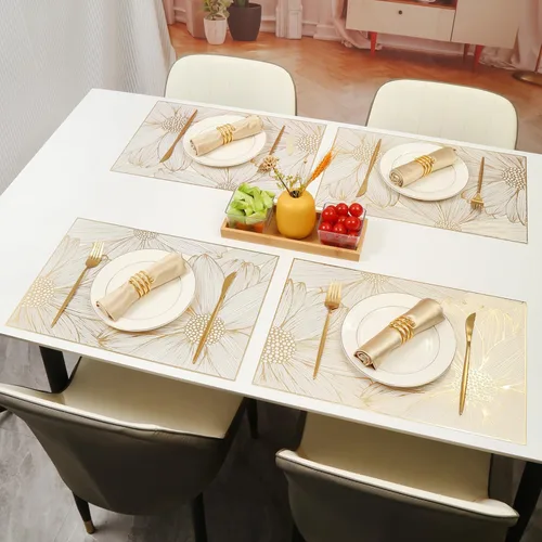 Vista 3 de Juego de 6 manteles individuales cuadrados dorados para mesa de comedor, de vinilo prensado, manteles individuales metálicos lavables y lavables