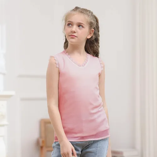 Vista 4 de Blusas de gasa de encaje de manga corta para niñas, sueltas, suaves, lindas, casuales, con cuello en V