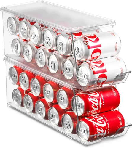 Vista 2 de Juego de 2 cubos organizadores apilables para refrigerador, dispensador de latas de soda, soporte de bebidas para refrigerador, congelador, cocina