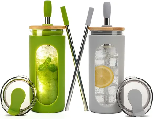 Vista 21 de Sursip - Vaso de vidrio de 20 oz con tapas y popotes, taza de café helado reutilizable de vidrio de borosilicato con tapa de bambú para batido, jugo