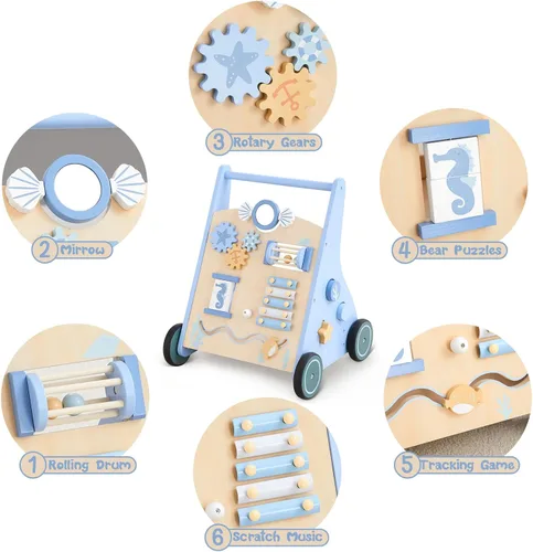 Vista 5 de Beright Caminante de madera para bebés con ruedas Montessori Walker, centro de múltiples actividades, desarrolla habilidades motoras y estimula