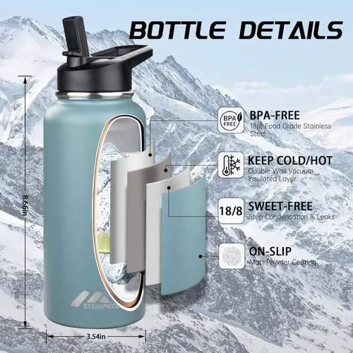 Vista 3 de StarSpeed Botella de agua aislada de 32 onzas con tapa con pajilla, botella de agua al vacío de doble pared de acero inoxidable, botella de agua