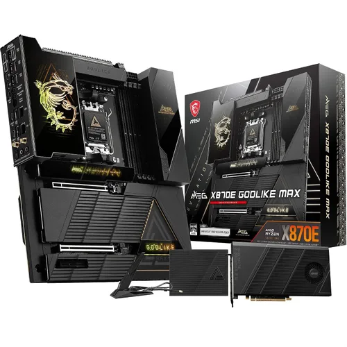 Vista 15 de MSI MEG X870E GODLIKE, E-ATX - Compatible con procesadores AMD Ryzen 9000/8000/7000, AM5 - Dynamic Dashboard III, EZ Slide M.2, 110A SPS, memoria
