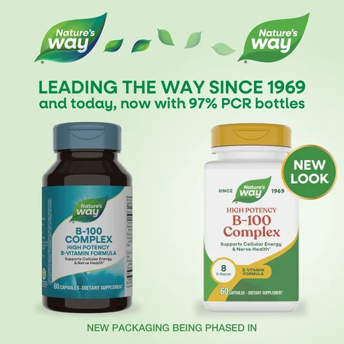 Vista 3 de Nature's Way Complejo B-100, apoya la energía celular y la salud nerviosa*, 8 vitaminas B, 60 cápsulas (el embalaje puede variar)