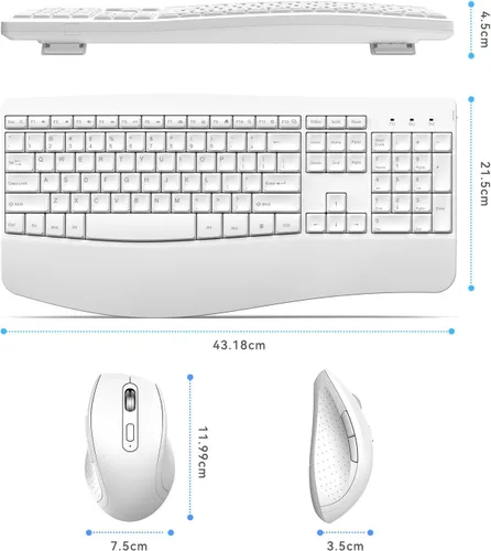 Vista 5 de Combo ergonómico de teclado y mouse, teclado inalámbrico de computadora de tamaño completo con reposamuñecas de palma mouse ergonómico para Blanco