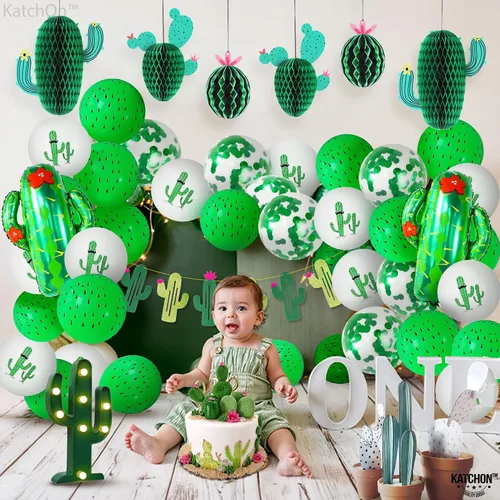 Vista 4 de KatchOn, Juego de decoraciones de fiesta de cactus, 30 unidades, globos de cactus, panal de abeja, pancarta de cactus Decoraciones de cumpleaños