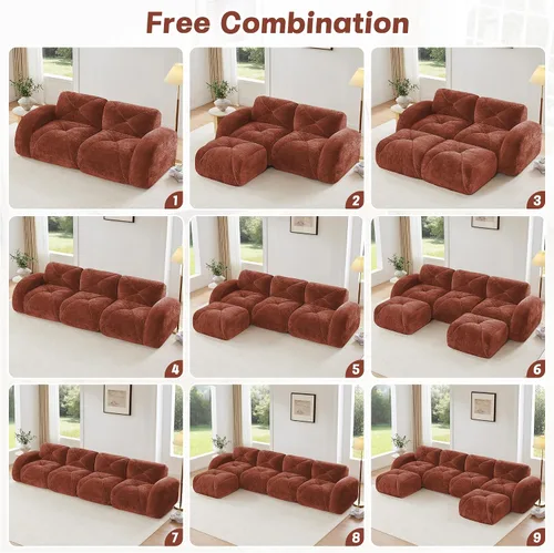 Vista 8 de Sofá modular de 80.3 pulgadas para sala de estar, moderno sofá sin hueso de terciopelo con 2 otomanas, no requiere montaje, cómodo sofá sin hueso