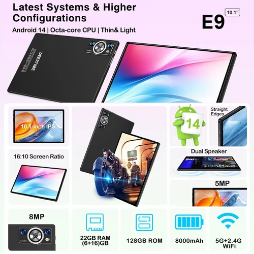 Vista 2 de Tablet Android 14 de 10.1 pulgadas, 8000 mAh, con batería de 22 GB de RAM, 128 GB de ROM de 2 TB, pantalla táctil Octa-Core HD con teclado, ratón