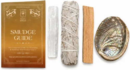 Vista 7 de SOUL STICKS El mini kit de manchas para principiantes incluye varita de selenita de concha de abulón 3-4 de salvia blanca y palo santo con guía