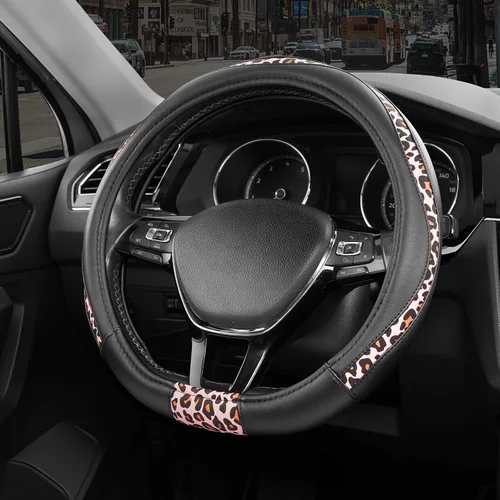 Vista 22 de Road Comforts Funda para volante, cubierta de volante de parte inferior plana hecha con piel de PVC y tela de leopardo, ajuste universal