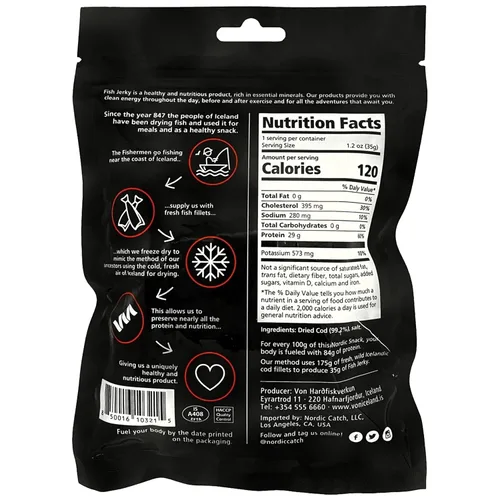 Vista 2 de Bocadillos de bacalao liofilizados (Hardfiskur) pescado capturado silvestre Snack nórdico saludable con alto contenido de proteínas