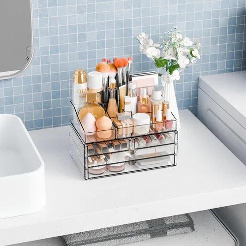Vista 6 de Yieach Organizadores de maquillaje acrílico para mostrador, escritorio y tocador, paquete de 2 organizadores apilables para encimera de baño