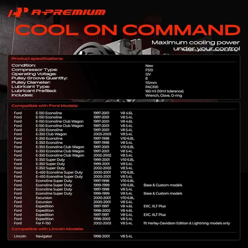 Vista 2 de A-Premium Compresor de aire acondicionado con embrague compatible con Ford F-150, Expedition, E-150 Econoline, E-250 Econoline, E-350 Econoline