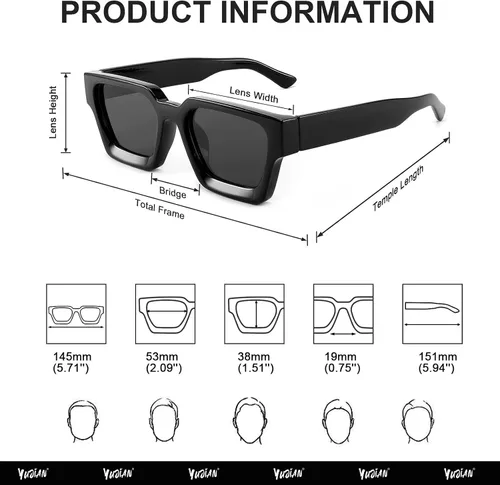 Vista 4 de YuJian Gafas de sol cuadradas para mujeres y hombres, marco grueso retro, diseño simple, a la moda, rectangular, sombras YJ3093