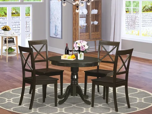 Vista 2 de East West Furniture ANBO5-CAP-W - Juego de mesa de cocina de 5 piezas para 4 personas, incluye una mesa de comedor redonda con pedestal y 4 sillas