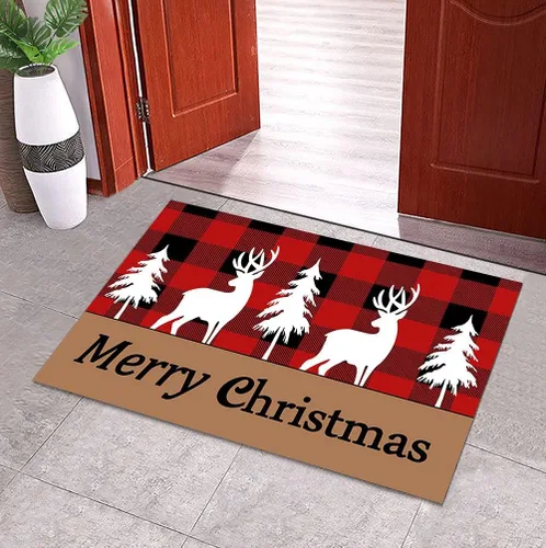 Vista 2 de Tapete clásico retro de reno de Navidad, rojo, negro, blanco, copos de nieve, a cuadros, cuadriculados, felpudo para puerta delantera/baño, 23.6 x