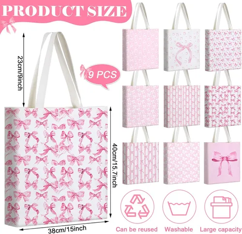 Vista 4 de 9 bolsas de lona con lazo rosa coquette para fiesta, recuerdo, regalo de comestibles, bolsa de compras para regalos de viaje