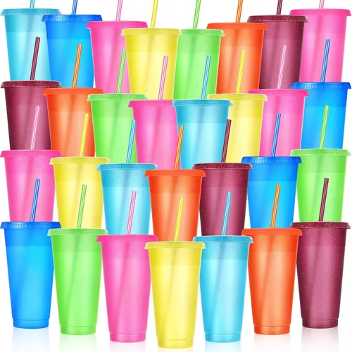 Vista 26 de Honeydak Paquete de 60 vasos con popote y tapa, vasos a granel para regalos, tazas de café de plástico con purpurina de 24 a 27 onzas, botella