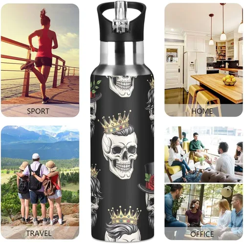 Vista 5 de Botella de agua aislada de 32 onzas, botella de agua deportiva sin BPA con popote para gimnasio, viajes al aire libre, escuela, cráneos divertidos