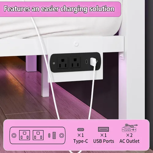 Vista 4 de CLIBFENG Base de cama individual con cabecera y estribo, listones de acero, base de cama LED con estación de carga USB, base de colchón