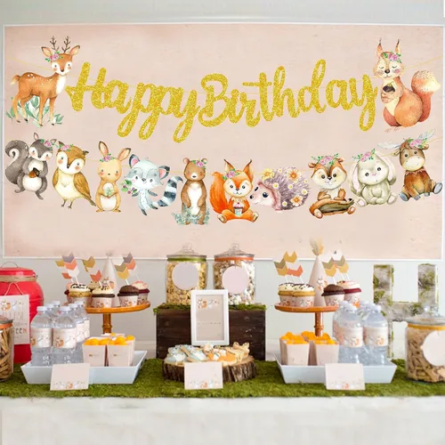 Vista 7 de Cartel de feliz cumpleaños de animales del bosque, decoraciones de criaturas del bosque, 2 piezas de pancartas recortadas de animales del bosque