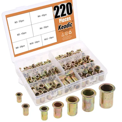Vista 8 de Keadic 150 tuercas de remache M4 métricas chapadas en zinc, tuerca de remache de acero al carbono, tuerca de remache de cabeza plana, kit