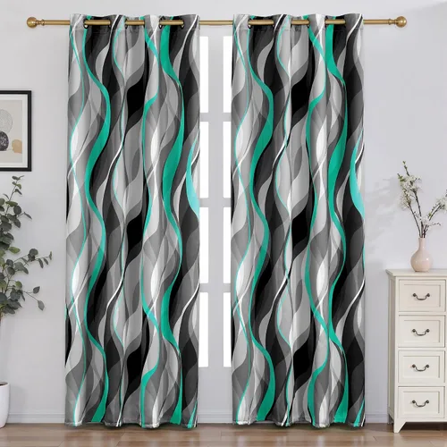 Vista 8 de weesire - Cortinas opacas azules y grises modernas con rayas decorativas, 100% bloqueo de luz, oscurecimiento con ojales, cortina azul para sala
